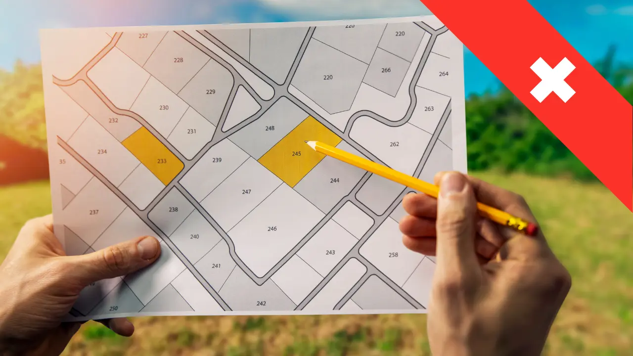 Photo d'un PLU avec un drapeau suisse montrant un terrain constructible en suisse