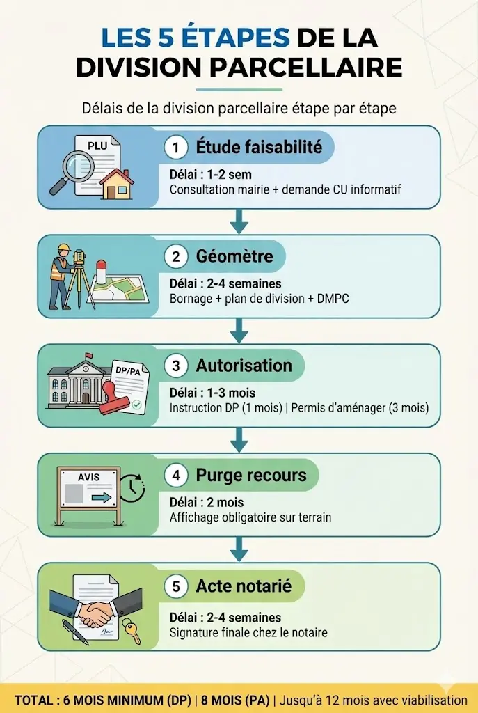 Infographie 5 étapes division parcellaire avec délais de 6 mois minimum