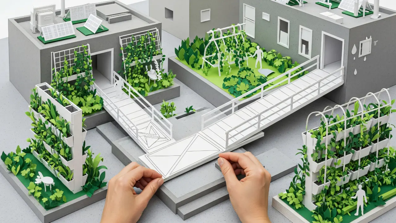 Maquette 3D d'un projet d'urbanisme avec mains positionnant un plan de terrain entre bâtiments et espaces verts