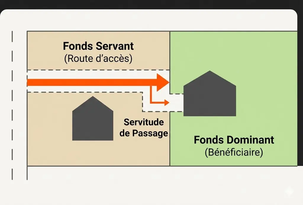 Schéma de servitude de passage entre fonds servant et fonds dominant, illustration des droits d’accès et du tracé légal en 2026.