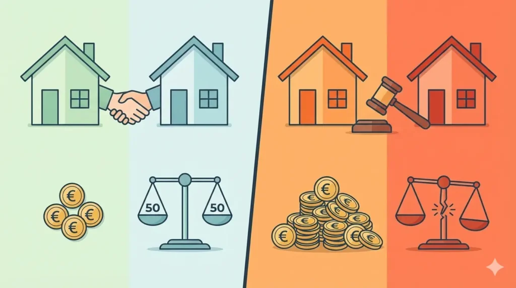 Infographie comparative opposant un règlement amiable entre voisins, avec accord, coûts réduits et partage équitable, à une procédure judiciaire conflictuelle, plus longue et coûteuse, illustrée par un juge et des frais élevés.