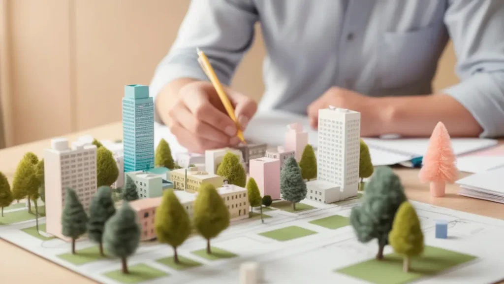 Maquette d’un quartier urbain avec bâtiments et espaces verts, utilisée pour illustrer les démarches et règles du certificat d’urbanisme en 2026.