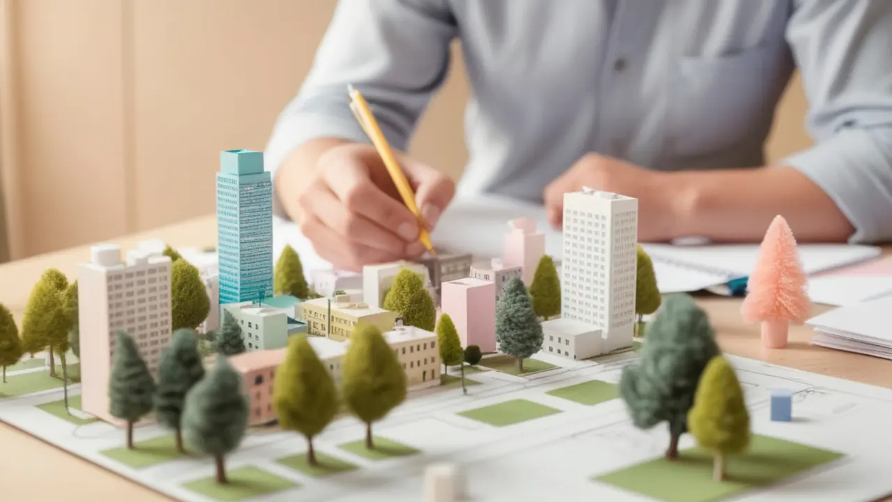 Maquette d’un quartier urbain avec bâtiments et espaces verts, utilisée pour illustrer les démarches et règles du certificat d’urbanisme en 2026.