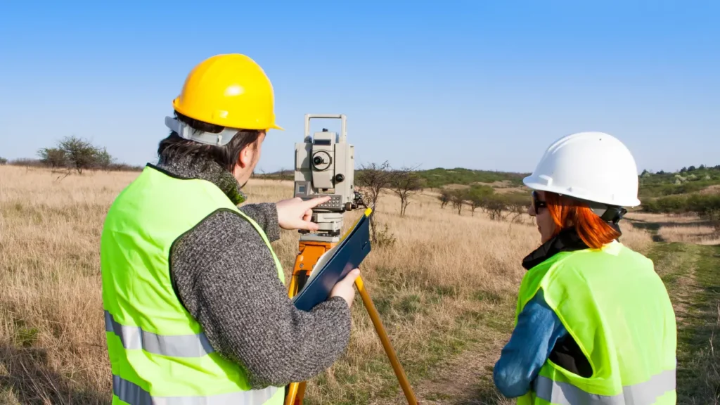 Deux géomètres-experts sur le terrain réalisant des mesures de bornage à l’aide d’un théodolite, illustrant le travail de précision et l’importance de choisir un professionnel qualifié.