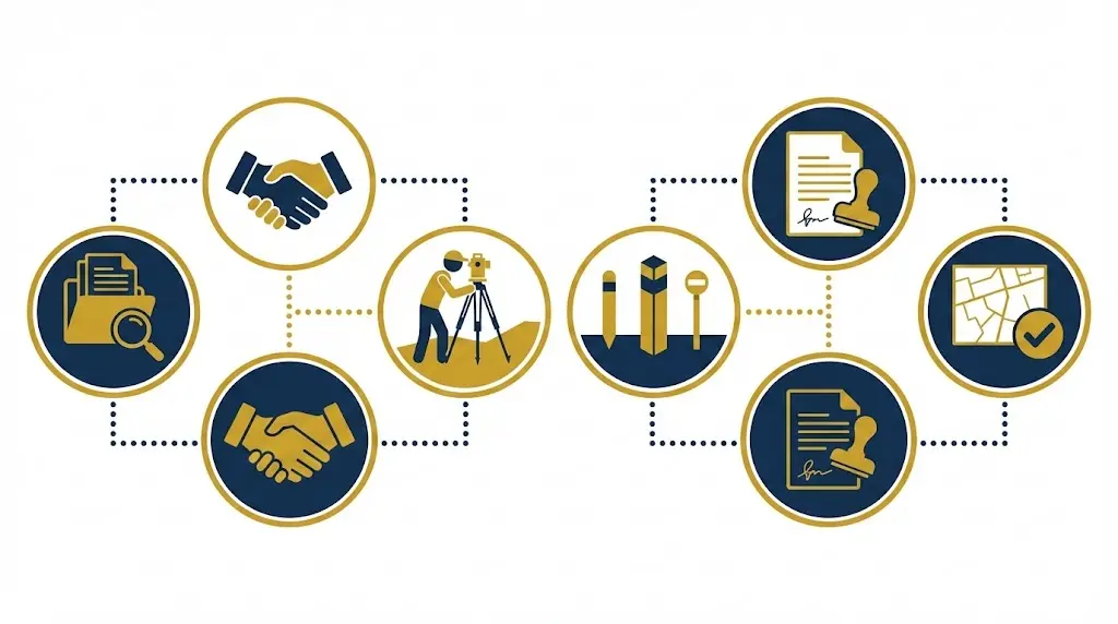Infographie illustrant les étapes du bornage de terrain : recherche d’archives, accord entre voisins, intervention du géomètre, pose des bornes, signature des documents officiels et validation du plan cadastral.