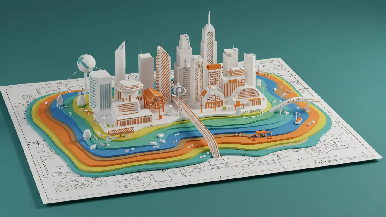 Illustration d’une OAP en urbanisme : maquette de quartier moderne intégrée à un plan d’aménagement, représentant l’organisation des bâtiments, des infrastructures et des espaces publics dans le cadre du PLU 2026.