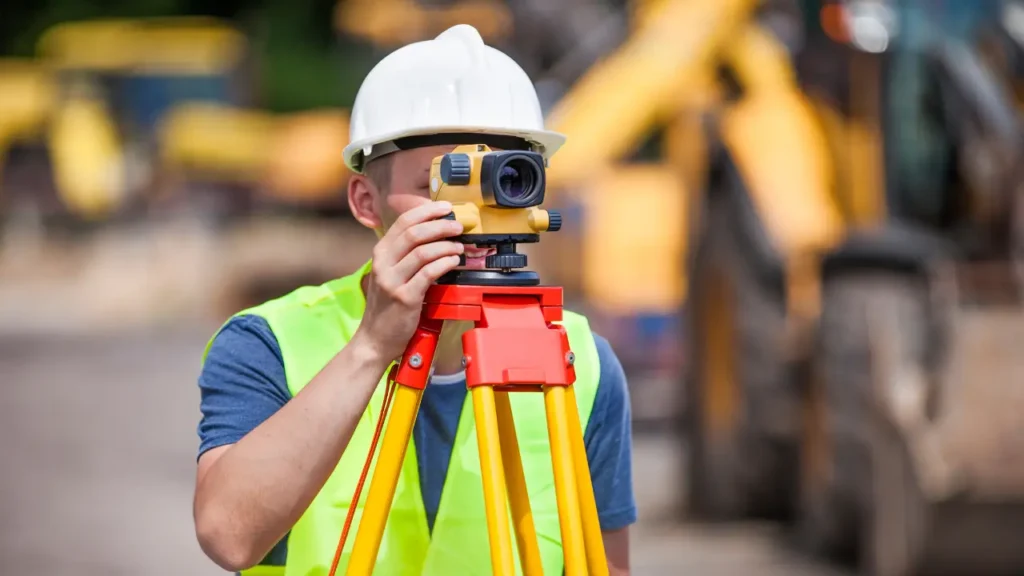 Géomètre-expert avec casque et gilet de sécurité effectuant un relevé topographique avec théodolite sur chantier