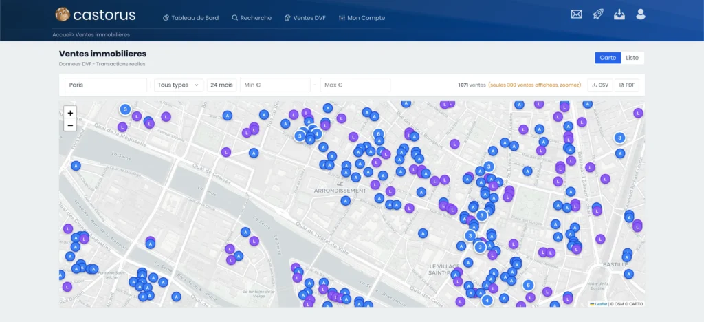 Capture d'écran du module de recherches des ventes immobilières du logiciel Castorus Immobilier