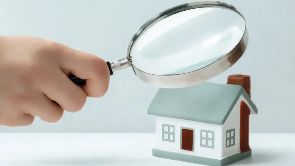 Loupe examinant une maison miniature pour estimer le prix immobilier avec Patrim outil officiel DVF 2026