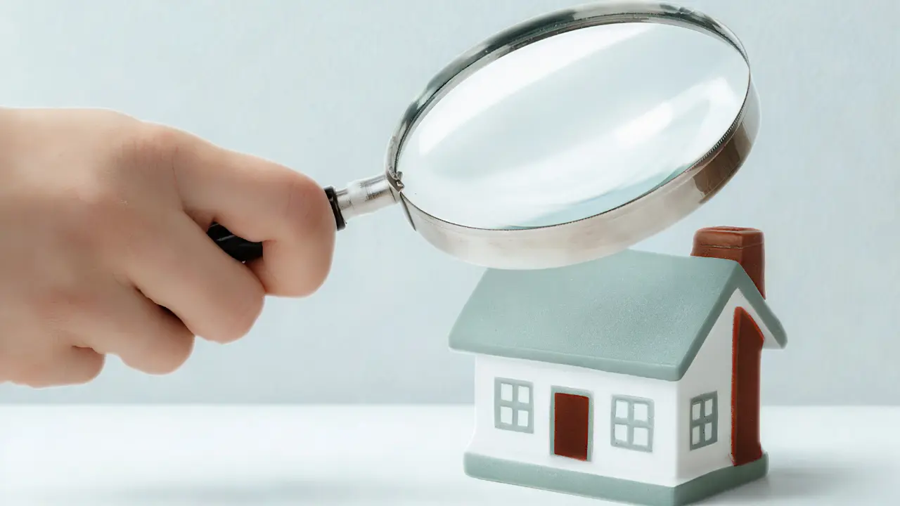 Loupe examinant une maison miniature pour estimer le prix immobilier avec Patrim outil officiel DVF 2026