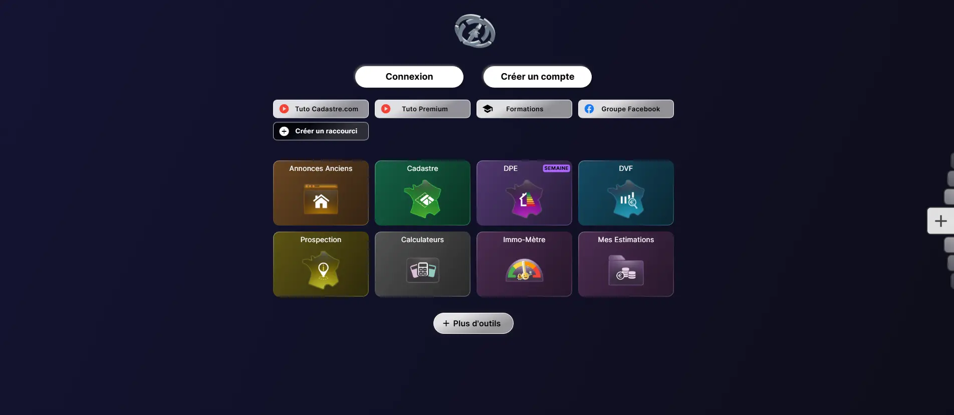 Interface Cadastre.com avec outils de pige immobilière, DPE, DVF et estimations – avis et test du logiciel