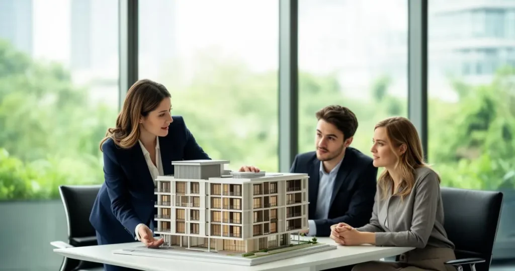 Photo d'un jeune couple et d'un promoteur immobilier discutant d'un projet d'achat de bien immobilier neuf.